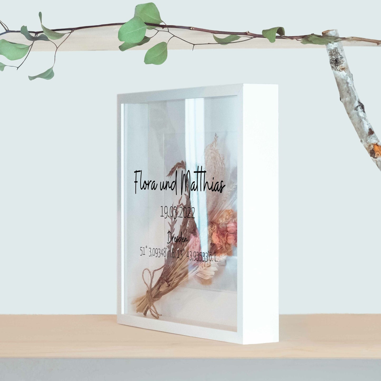 Brautstraußrahmen | Koordinaten | Personalisiert | Hochzeit | Blumen | Dried Flower | Erinnerung | Deko | Wanddeko