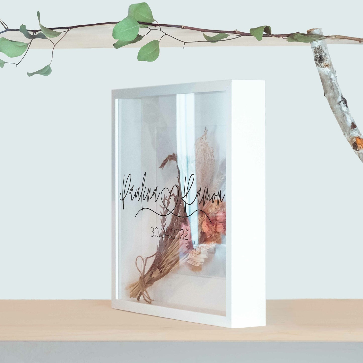 Brautstraußrahmen | Monochrom | Personalisiert | Hochzeit | Blumen | Dried Flower | Erinnerung | Deko | Wanddeko