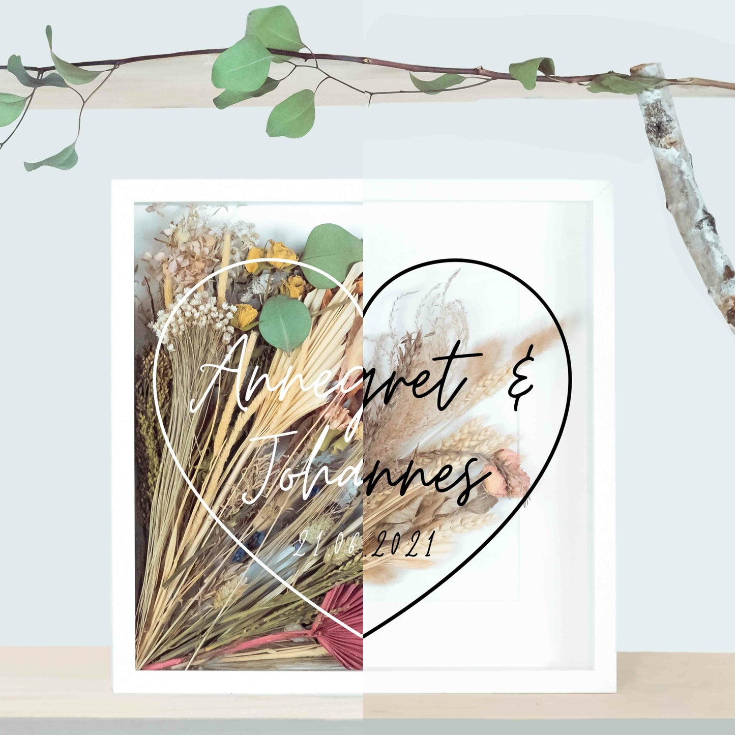 Brautstraußrahmen | Herz | Personalisiert | Hochzeit | Blumen | Dried Flower | Erinnerung | Deko | Wanddeko