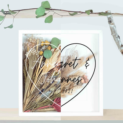 Brautstraußrahmen | Herz | Personalisiert | Hochzeit | Blumen | Dried Flower | Erinnerung | Deko | Wanddeko