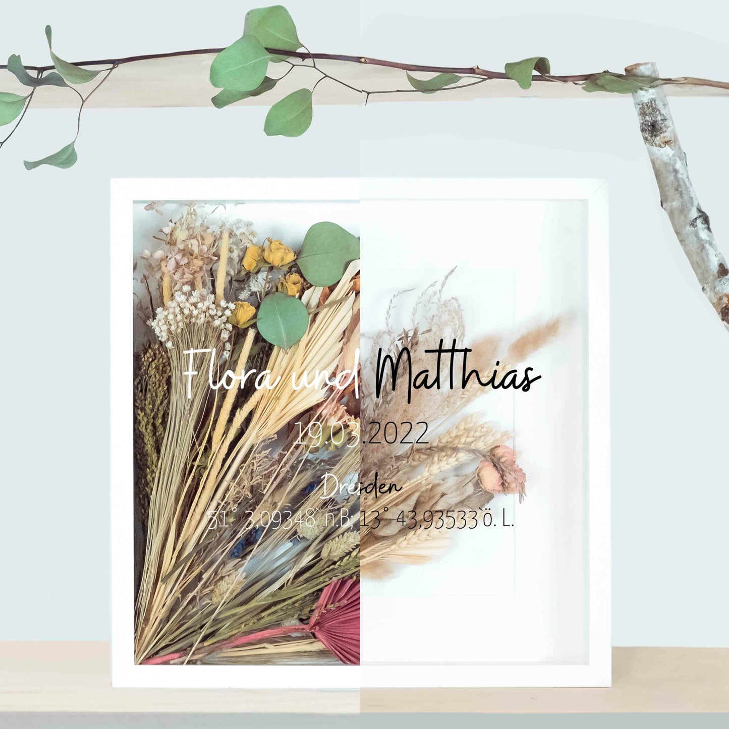 Brautstraußrahmen | Koordinaten | Personalisiert | Hochzeit | Blumen | Dried Flower | Erinnerung | Deko | Wanddeko