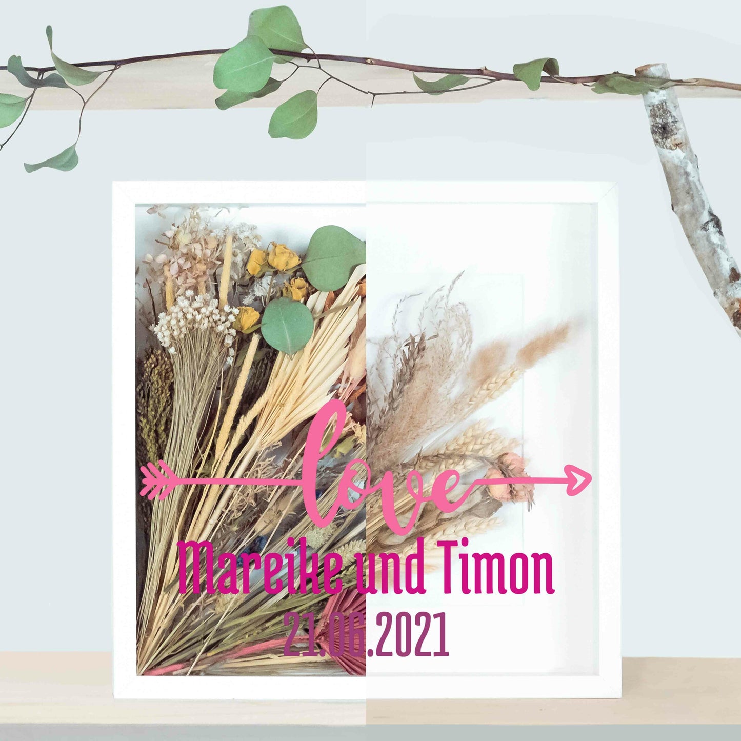 Brautstraußrahmen | Pink | Personalisiert | Hochzeit | Blumen | Dried Flower | Erinnerung | Deko | Wanddeko