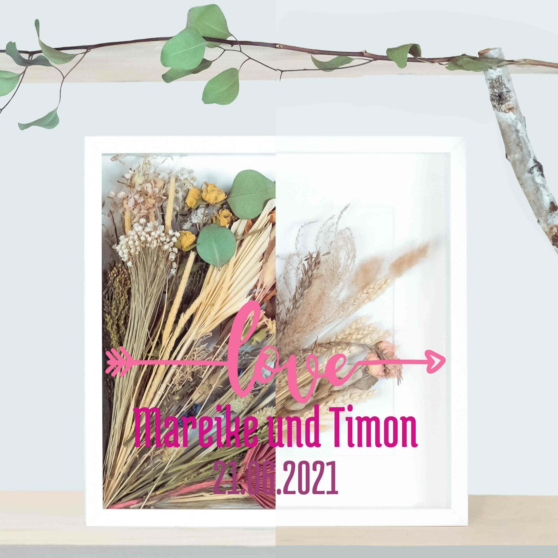 Brautstraußrahmen | Pink | Personalisiert | Hochzeit | Blumen | Dried Flower | Erinnerung | Deko | Wanddeko