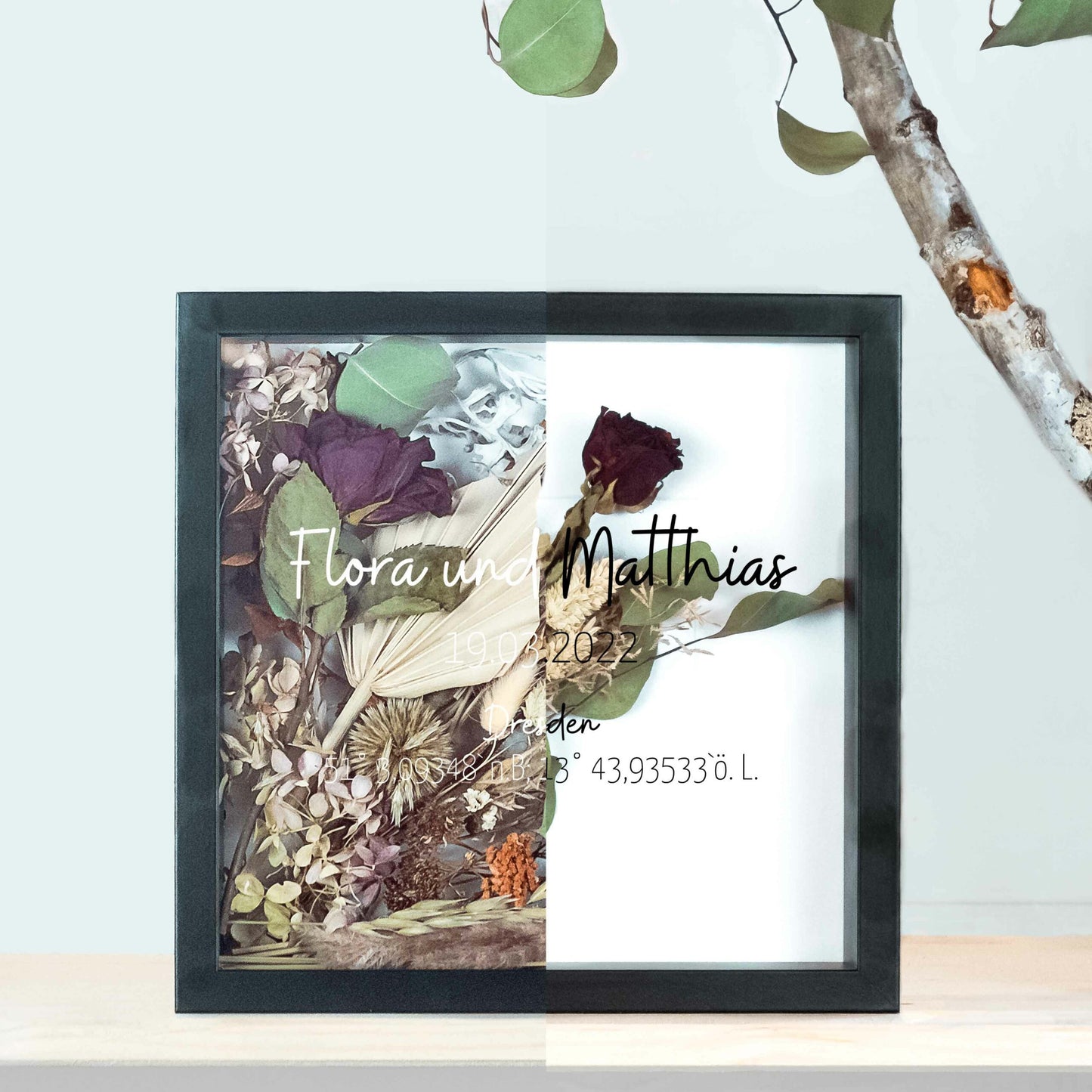 Brautstraußrahmen | Koordinaten | Personalisiert | Hochzeit | Blumen | Dried Flower | Erinnerung | Deko | Wanddeko