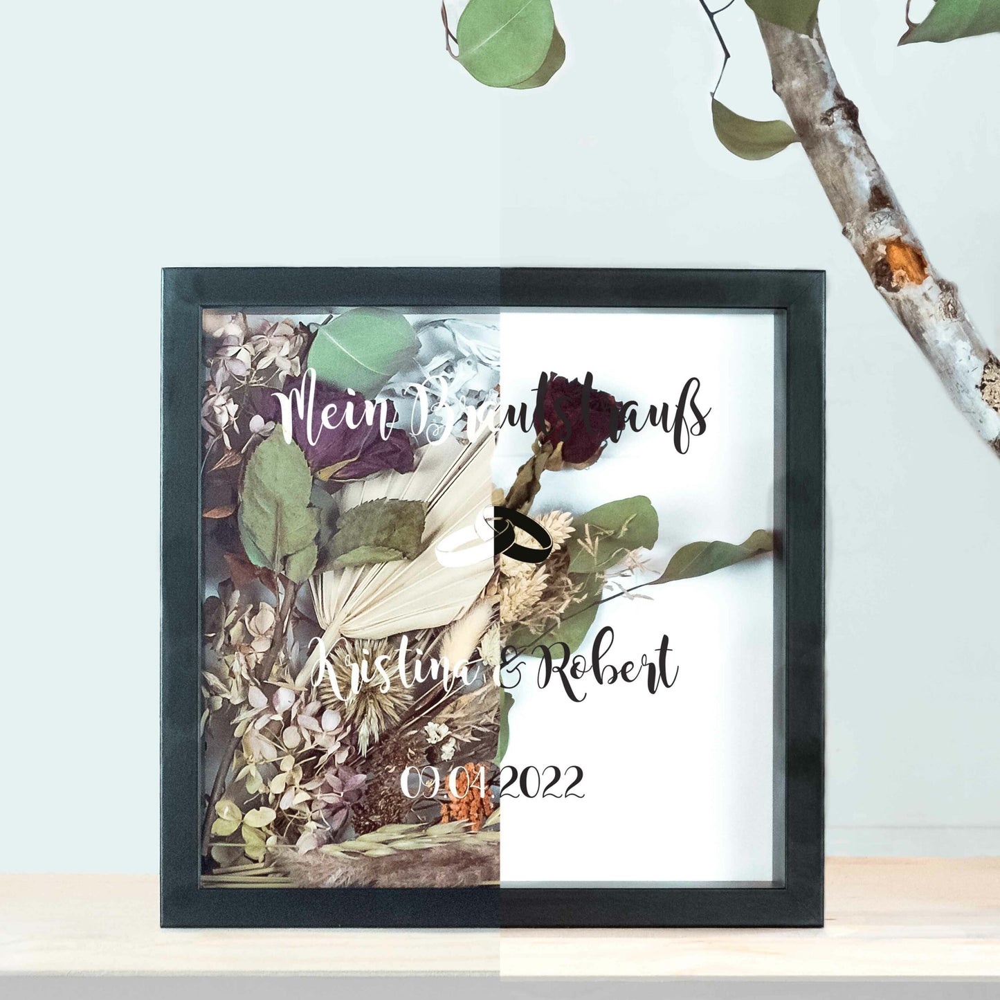 Brautstraußrahmen | Ringe | Personalisiert | Hochzeit | Blumen | Dried Flower | Erinnerung | Deko | Wanddeko