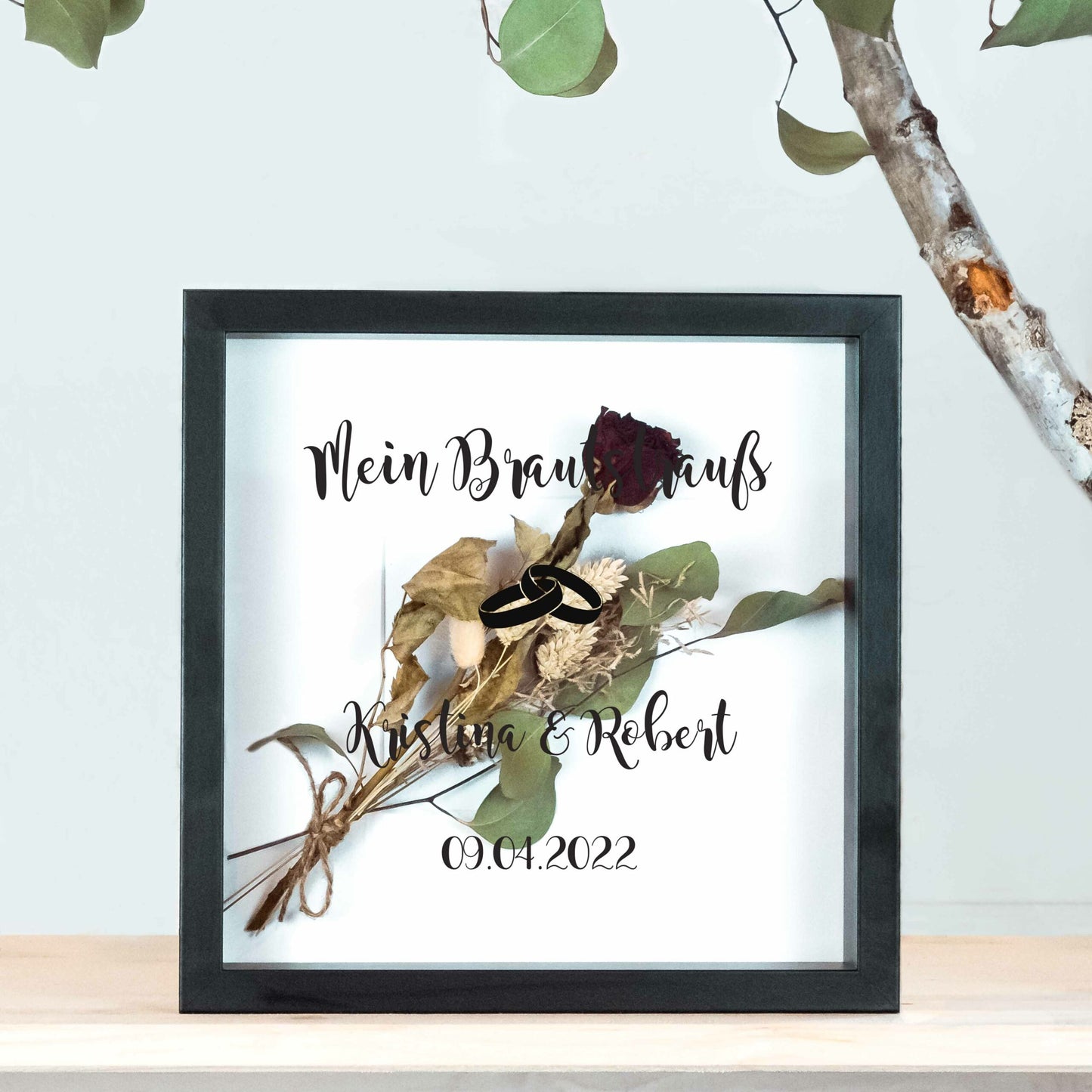 Brautstraußrahmen | Ringe | Personalisiert | Hochzeit | Blumen | Dried Flower | Erinnerung | Deko | Wanddeko