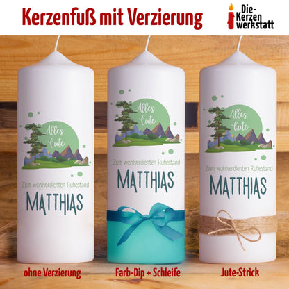 Ruhestandskerze „Berge“ | Personalisierte Kerze zum Rentenbeginn mit Name & Verzierung