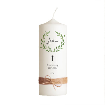 Personalisierte Firmkerze Blätter | Geschenk zur Firmung mit Name & Datum | Hochwertige Qualität | 15-40 cm Höhe