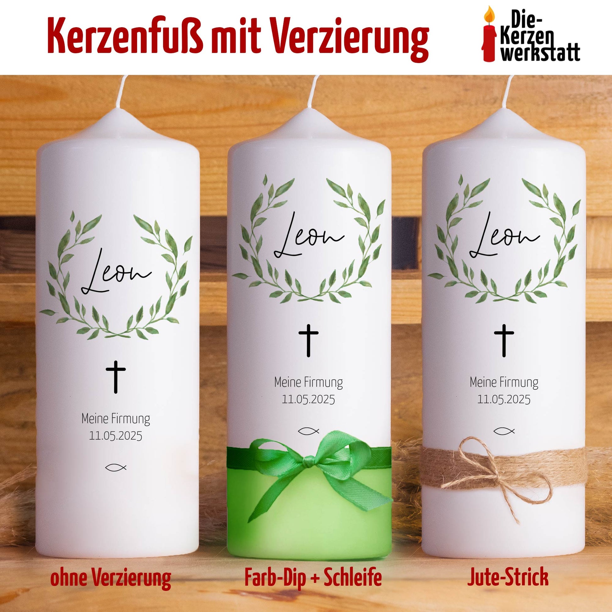 Personalisierte Firmkerze Blätter | Geschenk zur Firmung mit Name & Datum | Hochwertige Qualität | 15-40 cm Höhe