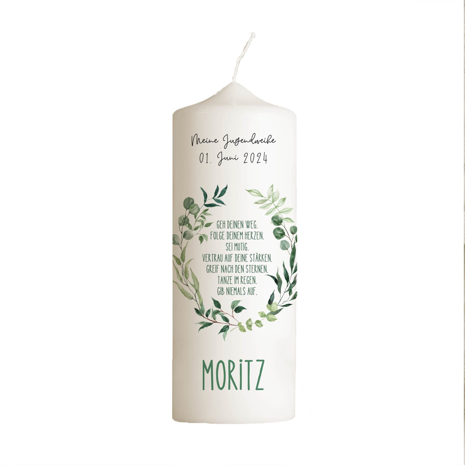 Jugendweihekerze "Blätterkranz" | Personalisierte Kerze mit Name & Datum | Geschenk zur Jugendweihe | Hochwertige Qualität | 15–40 cm