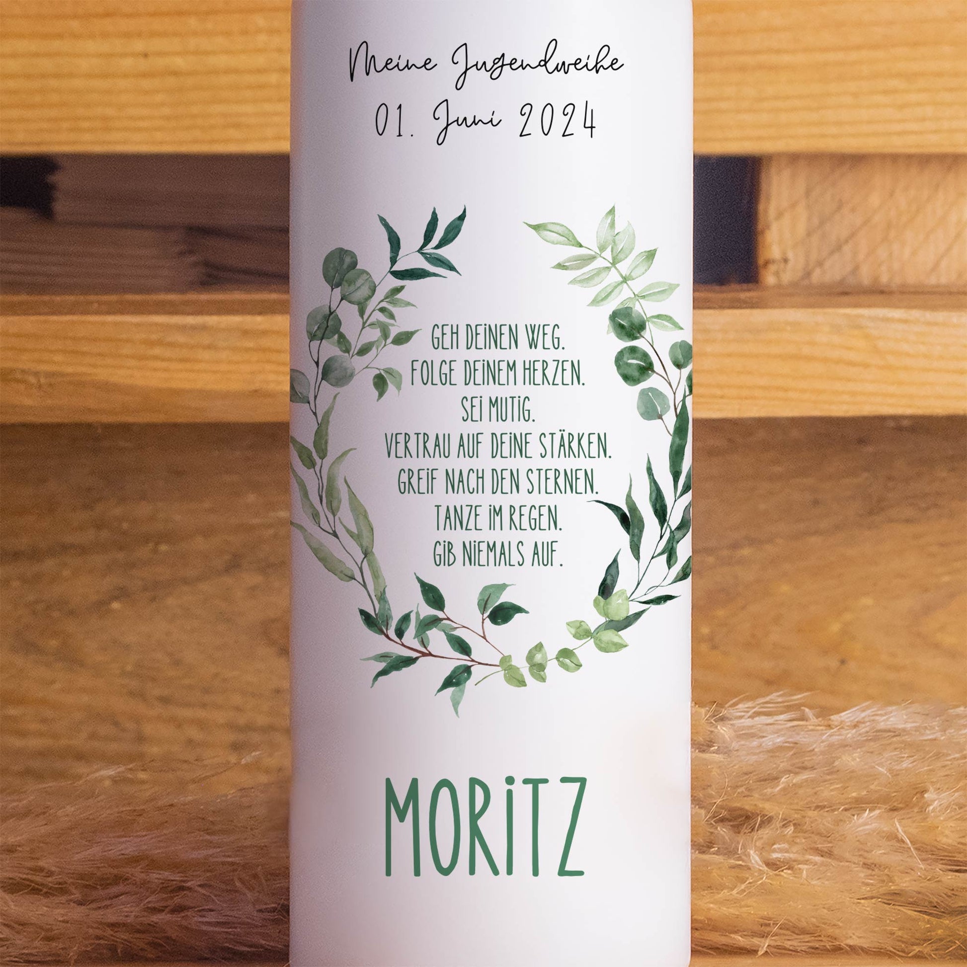 Jugendweihekerze "Blätterkranz" | Personalisierte Kerze mit Name & Datum | Geschenk zur Jugendweihe | Hochwertige Qualität | 15–40 cm