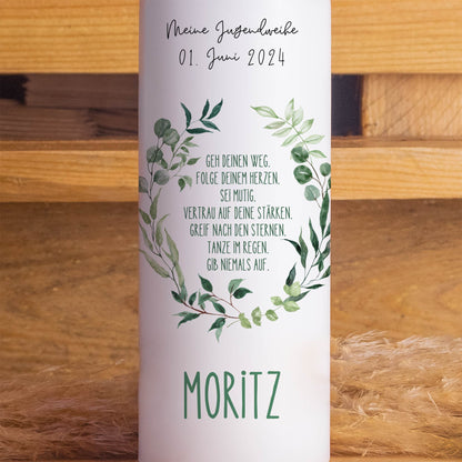 Jugendweihekerze "Blätterkranz" | Personalisierte Kerze mit Name & Datum | Geschenk zur Jugendweihe | Hochwertige Qualität | 15–40 cm