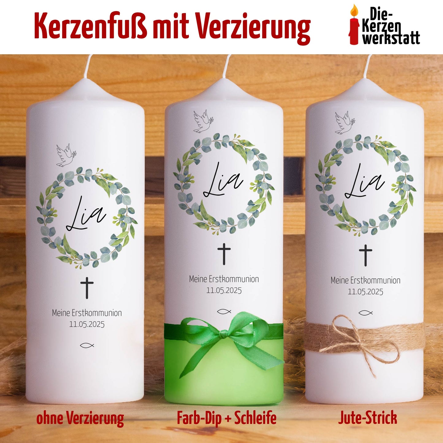 Kommunionskerze Blätterkranz | Verschiedene Farben | 15 - 40 cm Höhe | Personalisierte Kerze | Katholisch | Jungen und Mädchen