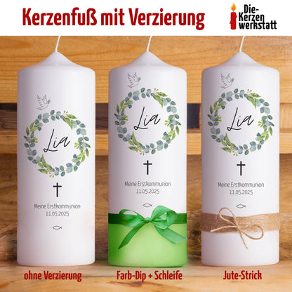 Kommunionskerze Blätterkranz | Verschiedene Farben | 15 - 40 cm Höhe | Personalisierte Kerze | Katholisch | Jungen und Mädchen
