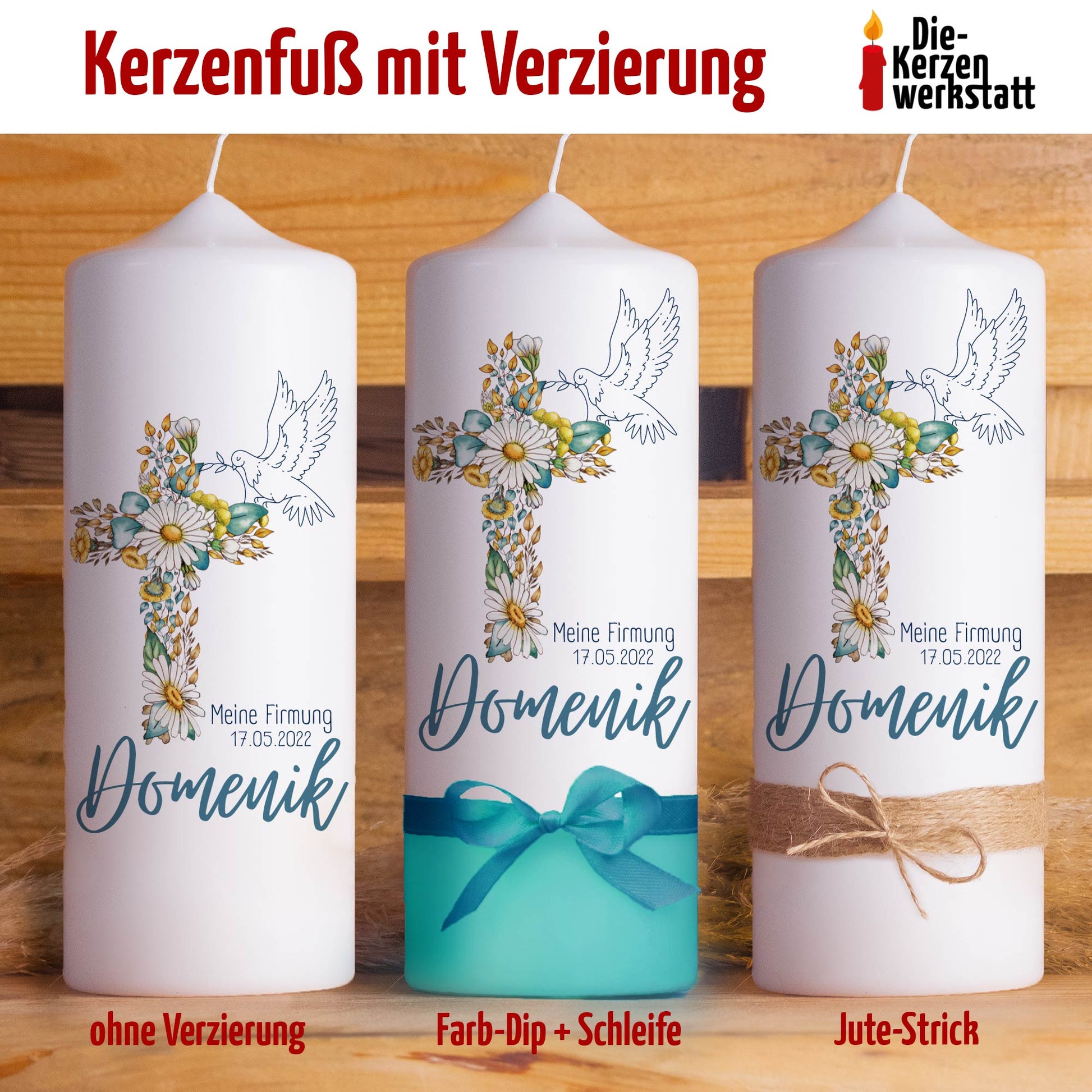 Firmkerze | Blütenkreuz | 15 - 30 cm Höhe | Personalisierte Kerze zur Firmung mit Name | Katholisch