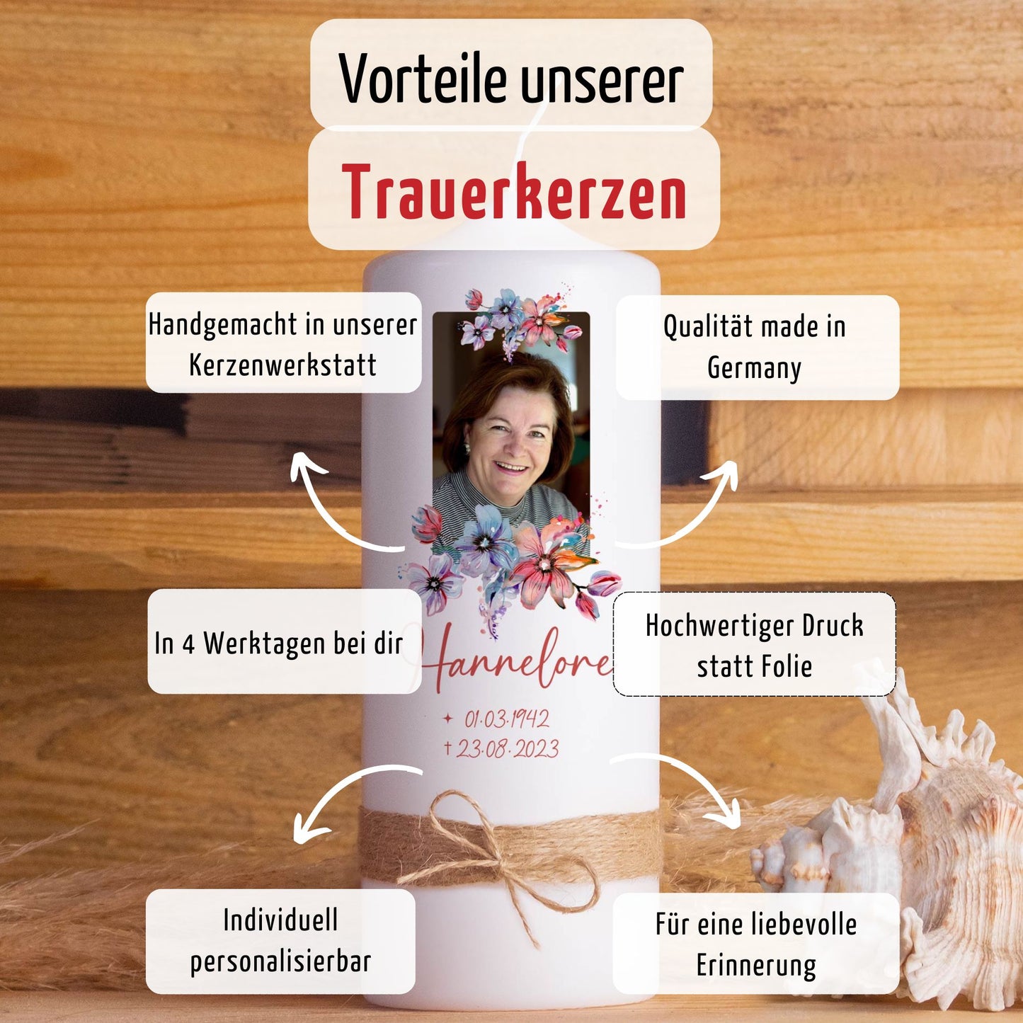 Trauerkerze mit Foto Blumen | 15 - 30 cm Höhe | Personalisierte Kerze | Gedenkkerze | Erinnerungsstück | Trauerfeier