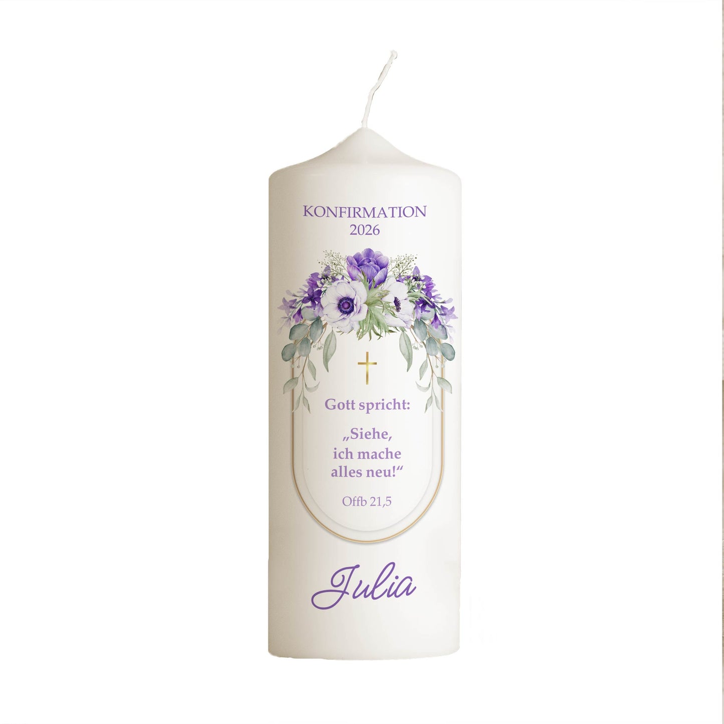Konfirmationskerze personalisiert – modernes Blumendesign