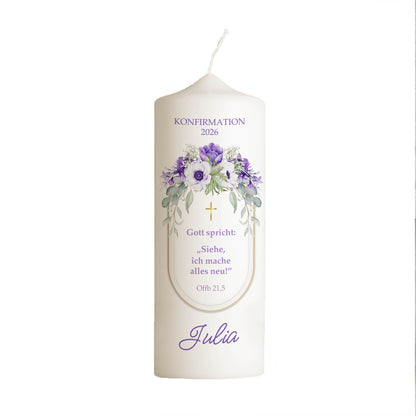 Konfirmationskerze personalisiert – modernes Blumendesign