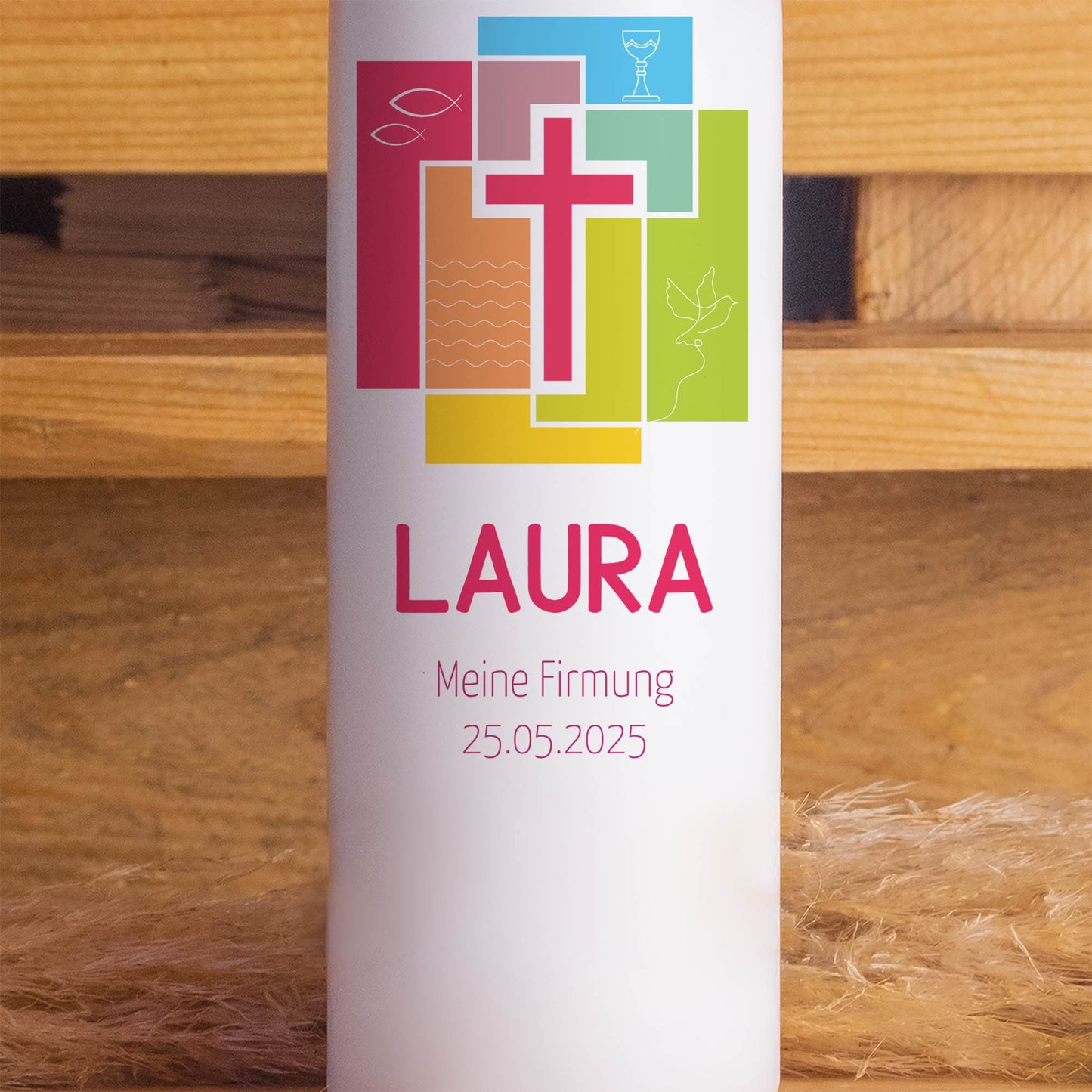 Personalisierte Firmkerze Bunt | Geschenk zur Firmung mit Name & Datum | Hochwertige Qualität | 15-40 cm Höhe
