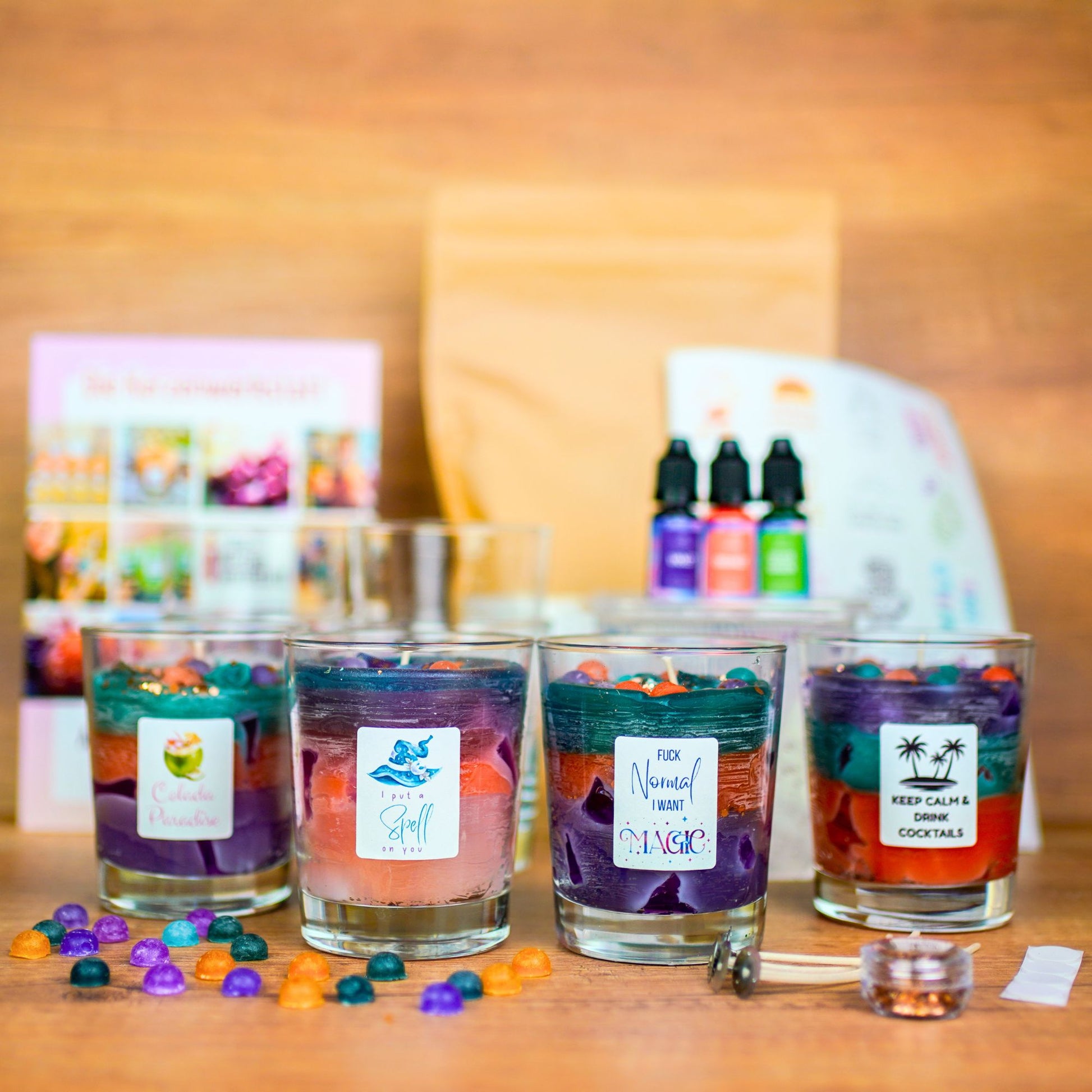 DIY Zaubertrank Cocktailkerzen Set – 4 magische Kerzen mit Farben & Glitzer