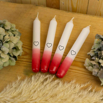 4er Set: Getauchte Stabkerzen | Rot mit Herz | 17 cm | Dip Dye | Glückskerze | Bunt | Geschenkidee