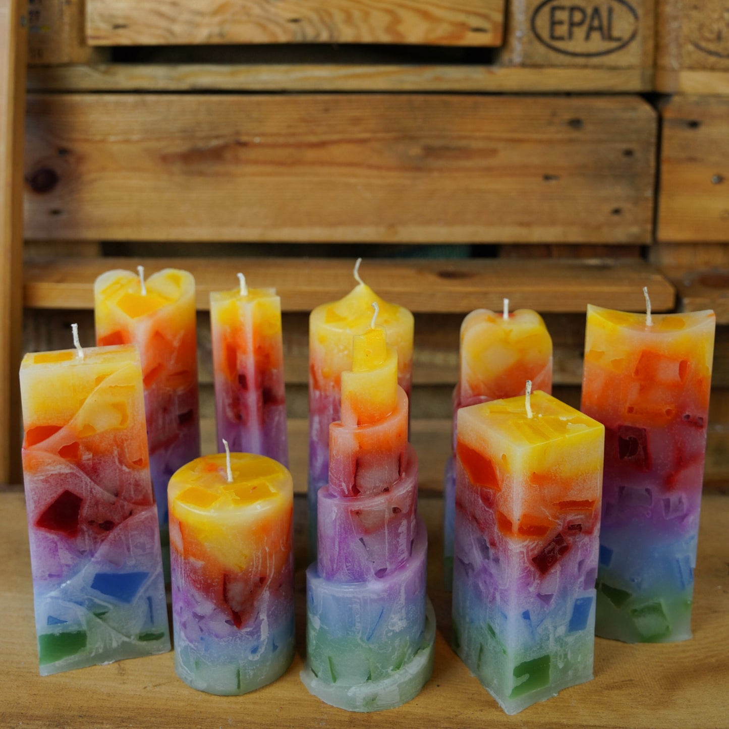 Wachswürfelkerze l Regenbogen l Verschiedene Formen l Stumpenkerze Groß Bunt | Geschenk Geburtstag l Handarbeit l bunte Kerze l Dekoration