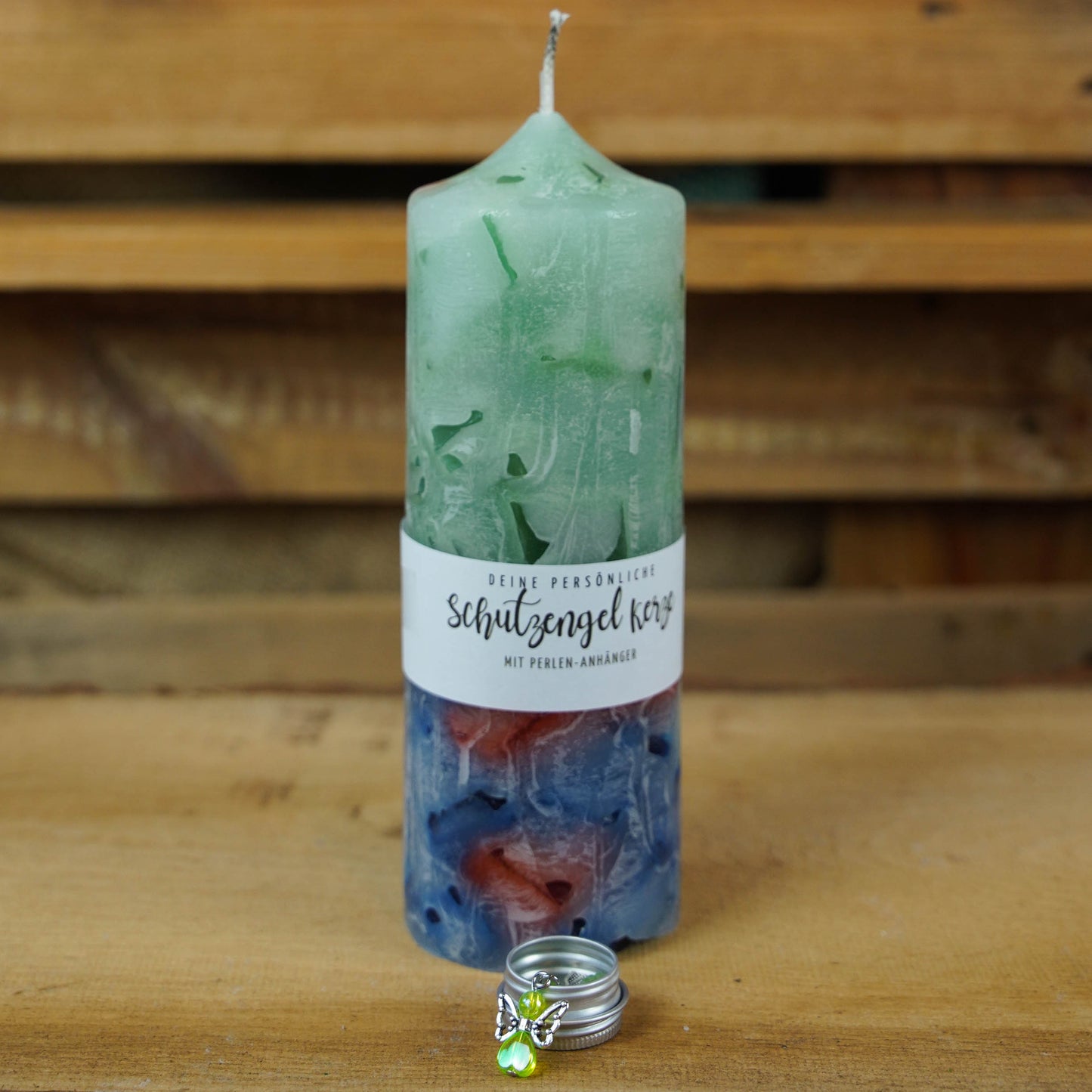 Schutzengel-Kerze | Elemente | mit Perlen-Anhänger | Wachswürfel | Stumpenkerze | Groß Bunt | Geschenk