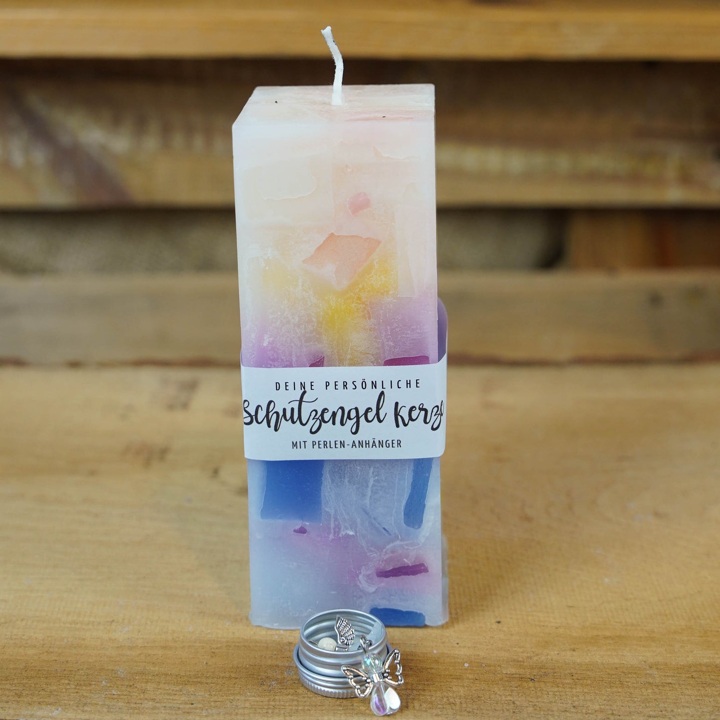 Schutzengel-Kerze | Elemente | mit Perlen-Anhänger | Wachswürfel | Stumpenkerze | Groß Bunt | Geschenk