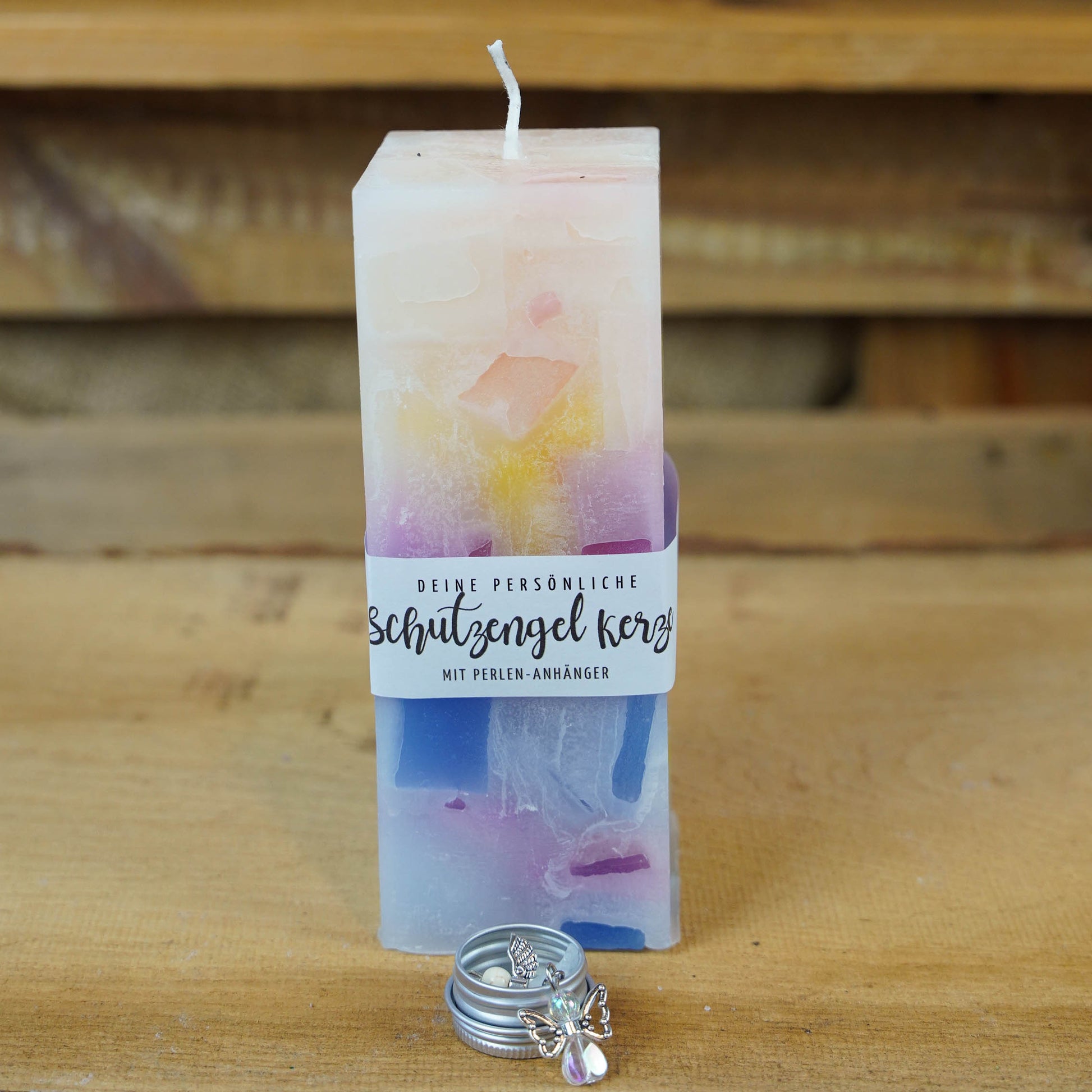 Schutzengel-Kerze | Elemente | mit Perlen-Anhänger | Wachswürfel | Stumpenkerze | Groß Bunt | Geschenk