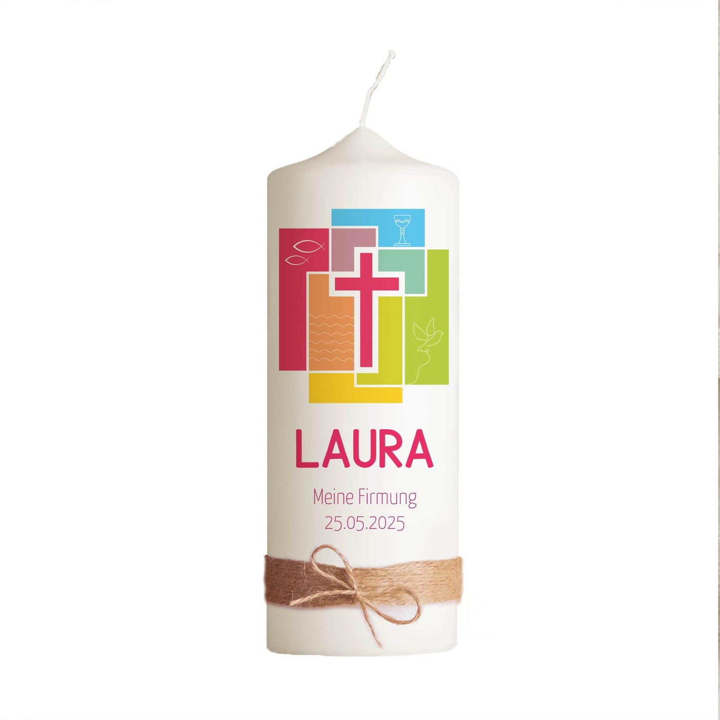 Personalisierte Firmkerze Bunt | Geschenk zur Firmung mit Name & Datum | Hochwertige Qualität | 15-40 cm Höhe