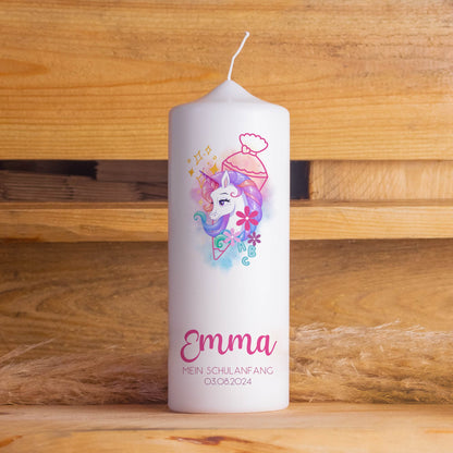 Schulanfangskerze Einhorn | Personalisierte Kerze zur Einschulung | 15–30 cm | Mit Name, Datum & Jutestrick