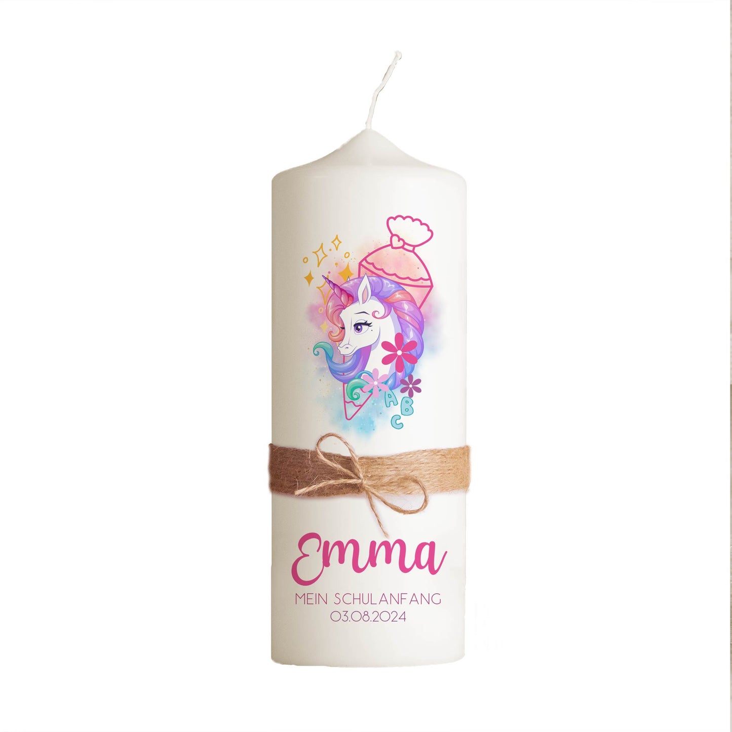 Schulanfangskerze Einhorn | Personalisierte Kerze zur Einschulung | 15–30 cm | Mit Name, Datum & Jutestrick