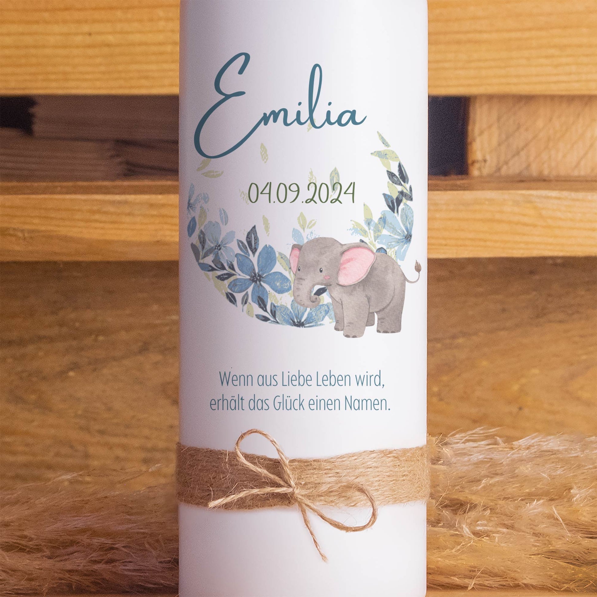 Geburtskerze Elefant | Personalisiert mit Name & Datum | 15–30 cm | Taufkerze zur Geburt