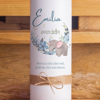 Geburtskerze Elefant | Personalisiert mit Name & Datum | 15–30 cm | Taufkerze zur Geburt