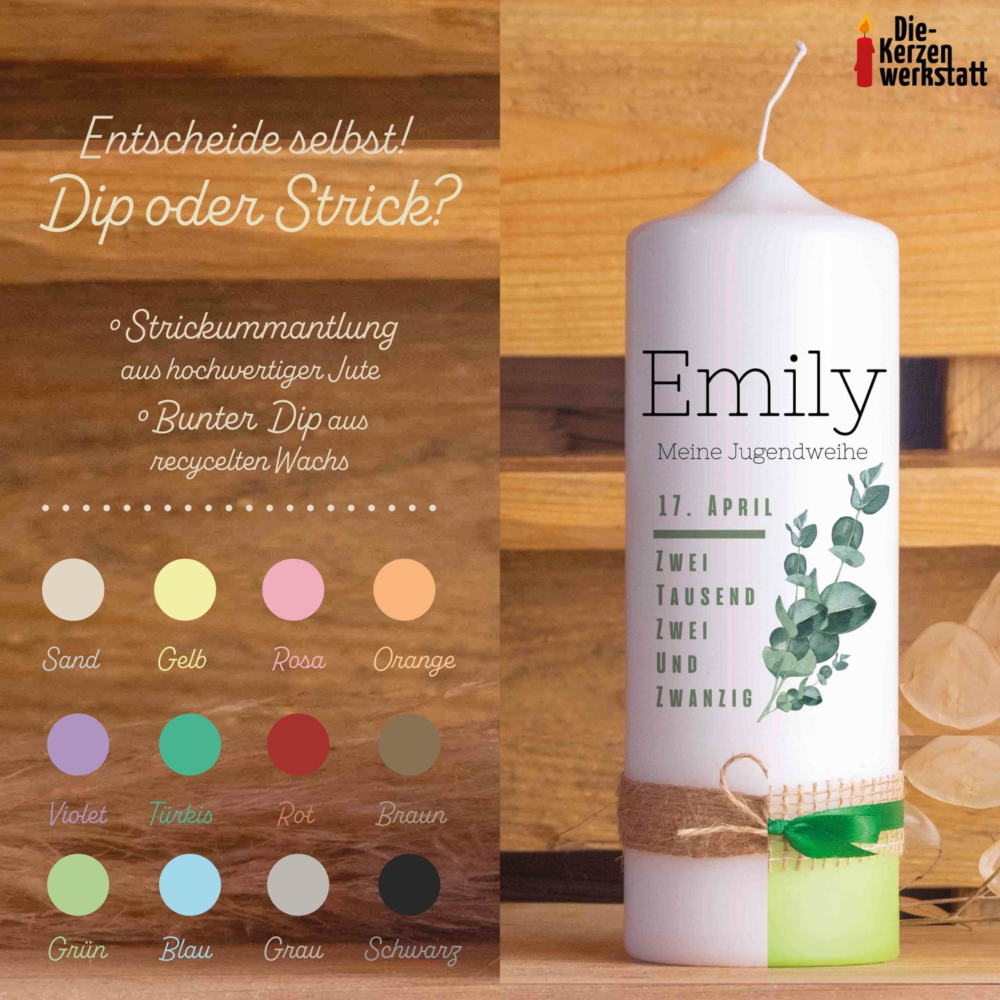 Jugendweihekerze | Eukalyptus | 15 - 30 cm Höhe | Personalisierte Kerze