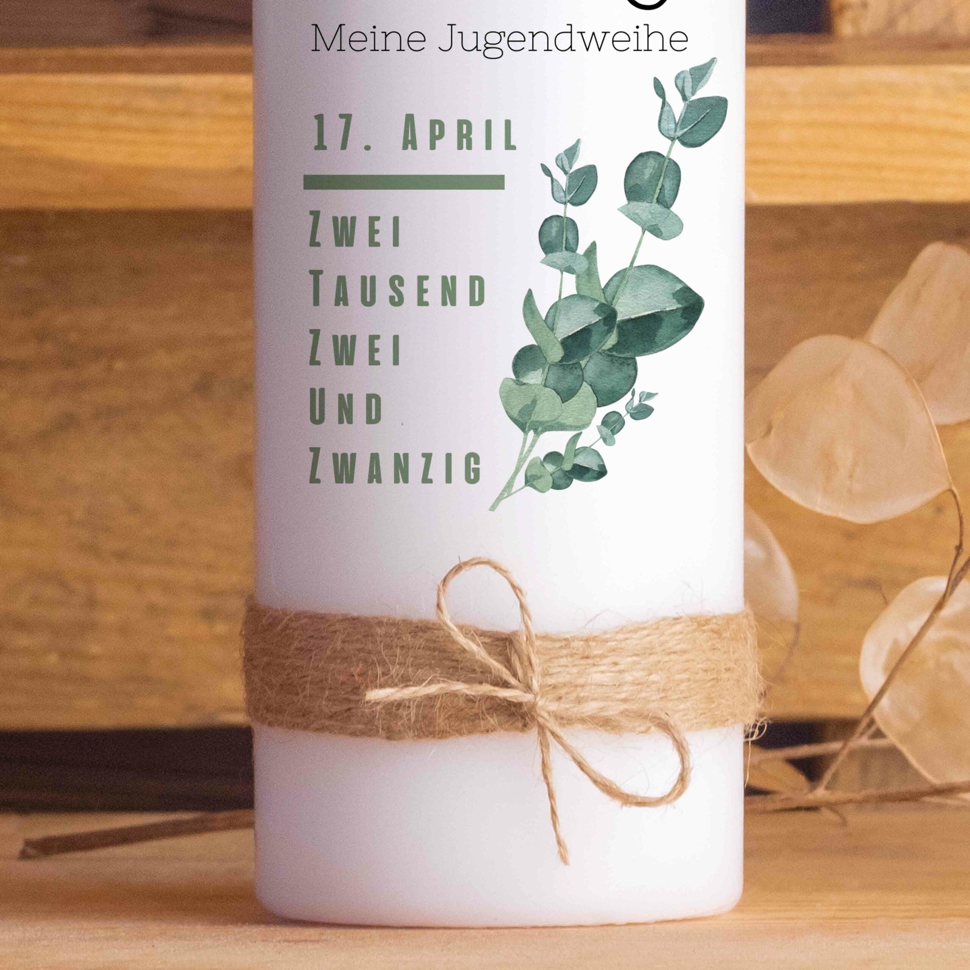 Jugendweihekerze | Eukalyptus | 15 - 30 cm Höhe | Personalisierte Kerze