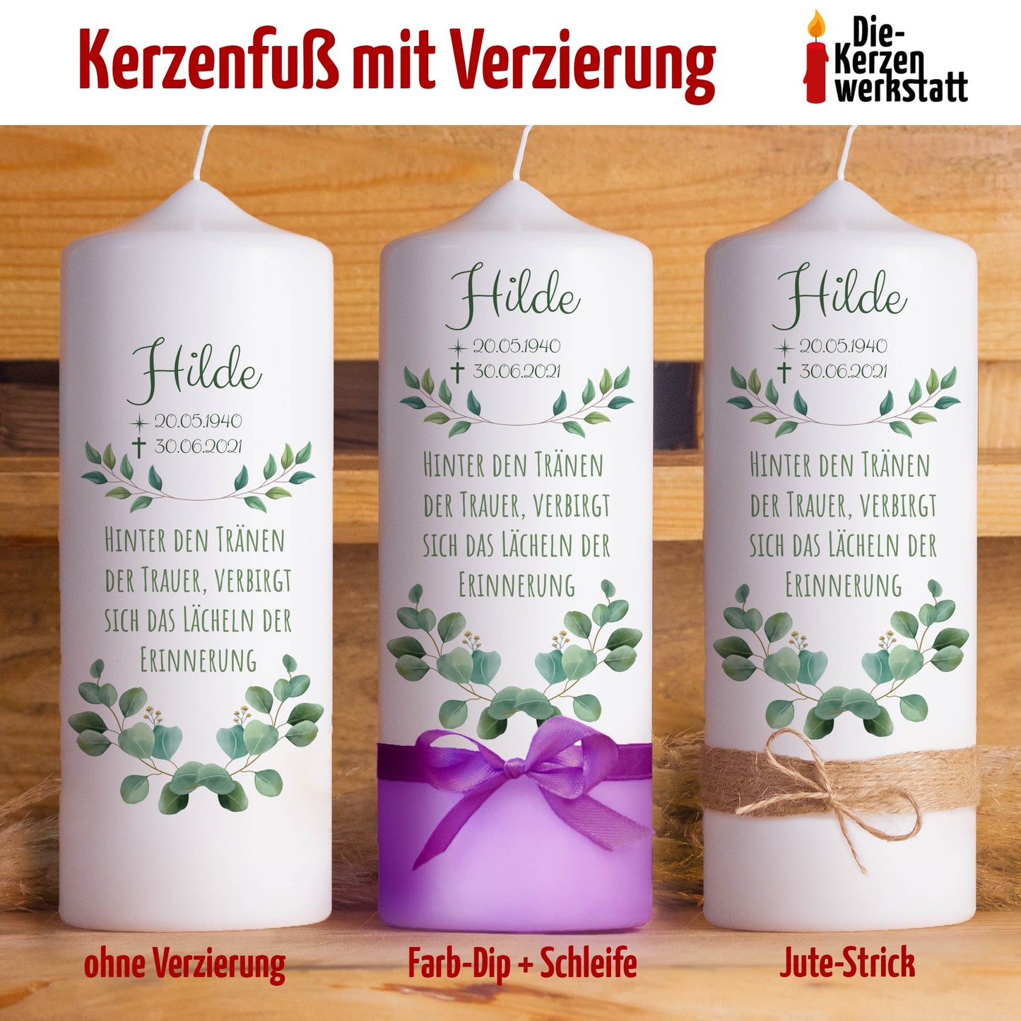 Trauerkerze Eukalyptus | 15 - 30 cm Höhe | Personalisierte Kerze | Gedenkkerze