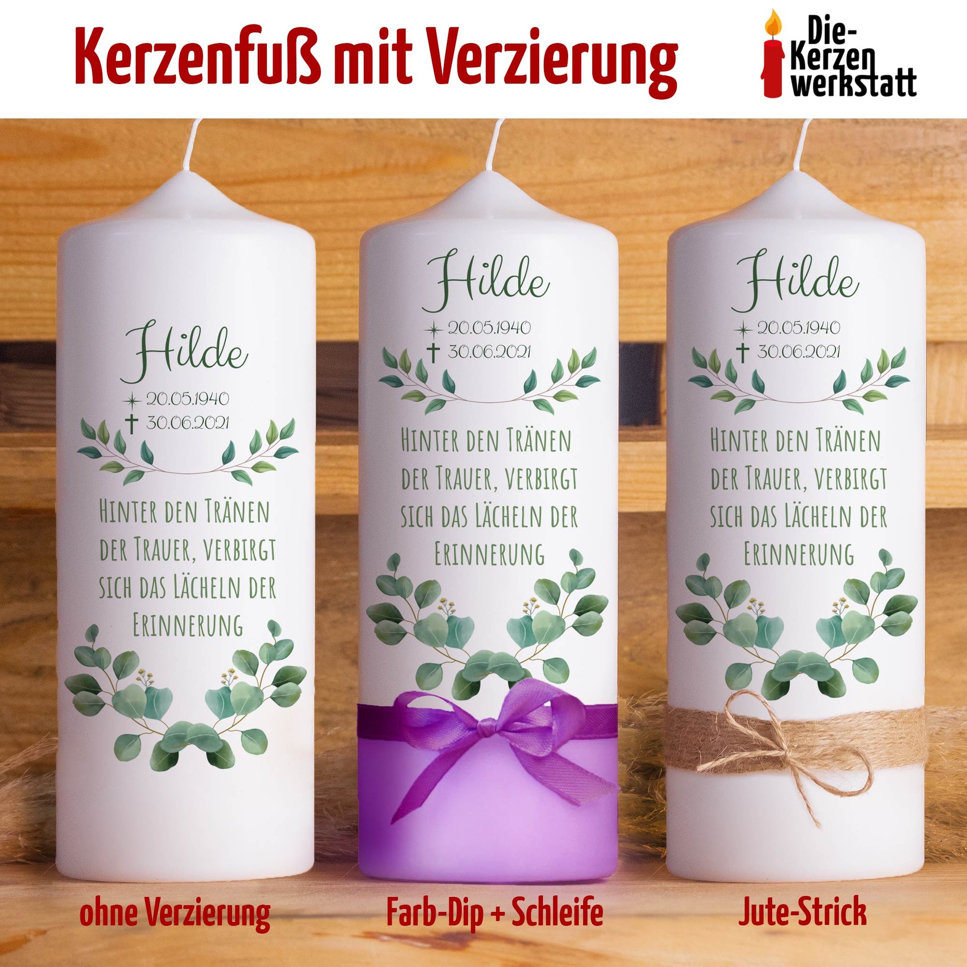 Trauerkerze Eukalyptus | 15 - 30 cm Höhe | Personalisierte Kerze | Gedenkkerze
