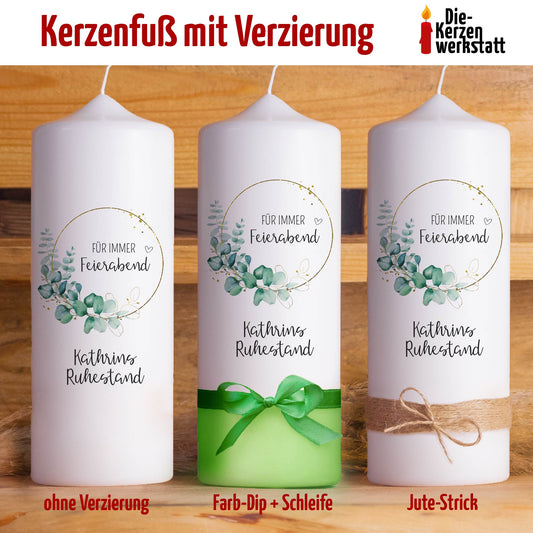 Ruhestandskerze „Für immer Feierabend“ – Personalisierbares Geschenk zum Rentenbeginn