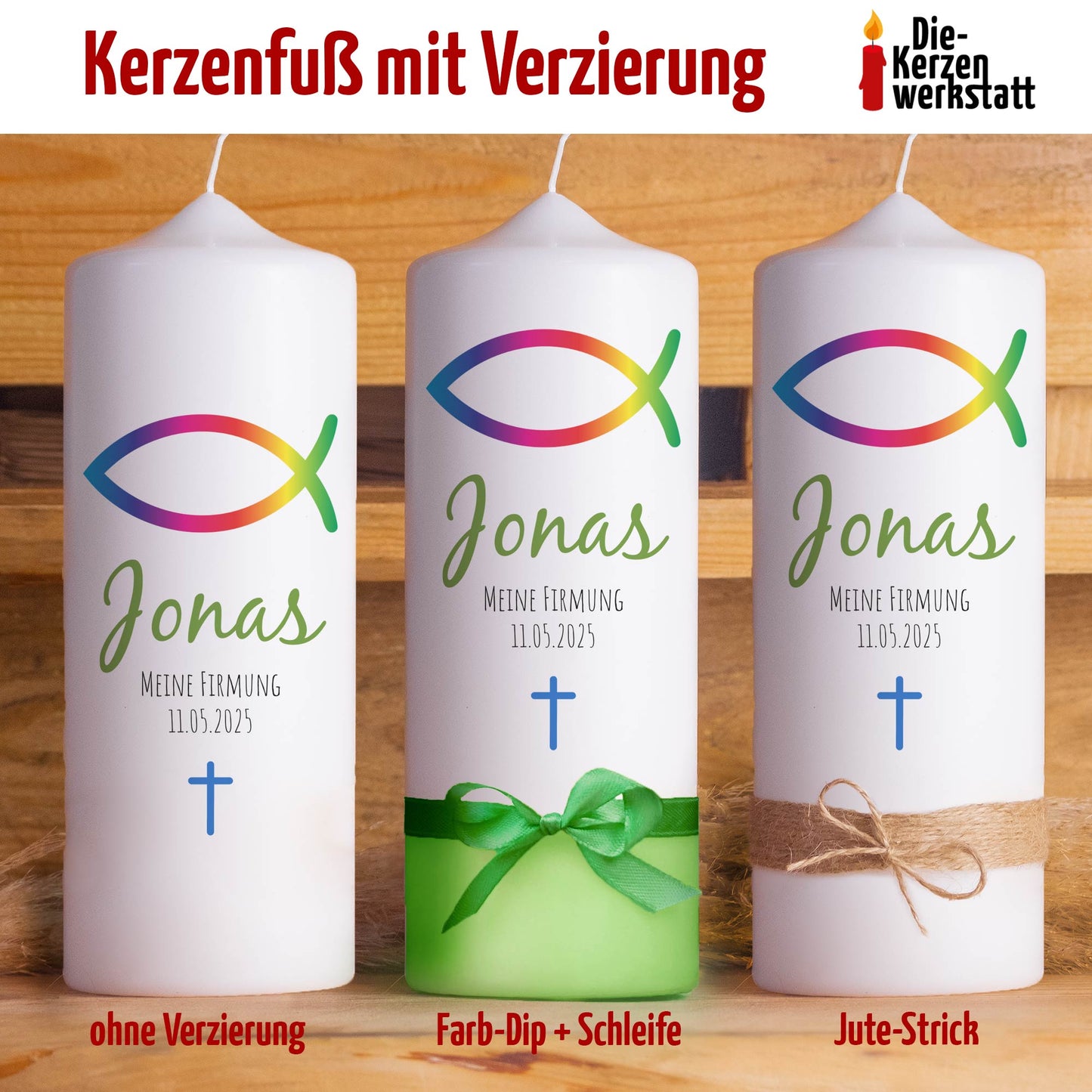 Personalisierte Firmkerze mit Regenbogen-Fisch | Geschenk zur Firmung mit Name & Datum | Hochwertige Qualität | 15-40 cm Höhe