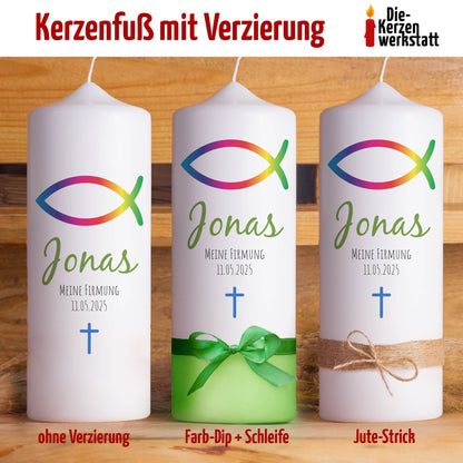Personalisierte Firmkerze mit Regenbogen-Fisch | Geschenk zur Firmung mit Name & Datum | Hochwertige Qualität | 15-40 cm Höhe