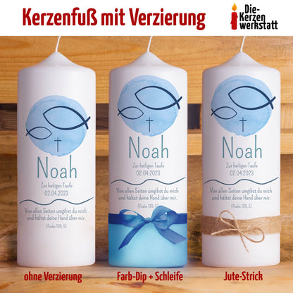 Taufkerze | Fisch | 15 - 30 cm Höhe | Personalisierte Kerze | Evangelisch | Katholisch | Jungen und Mädchen | Geschenk Taufe