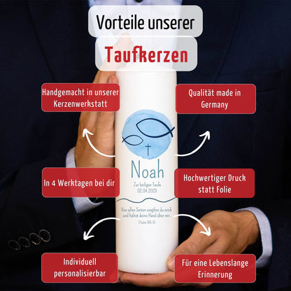 Taufkerze | Fisch | 15 - 30 cm Höhe | Personalisierte Kerze | Evangelisch | Katholisch | Jungen und Mädchen | Geschenk Taufe