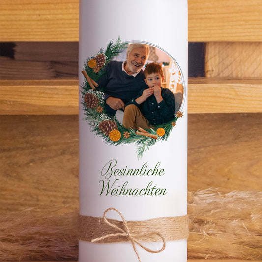 Fotokerze Weihnachtskranz | Weihnachtsgeschenk | 15 - 30 cm Höhe | Personalisierte Kerze |