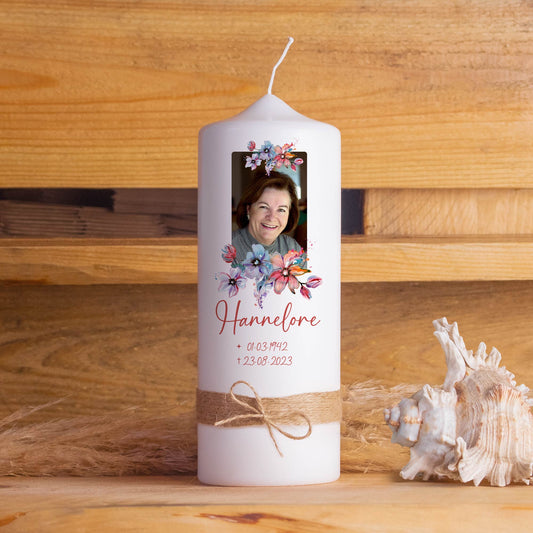 Personalisierte Trauerkerze mit Foto Blumen