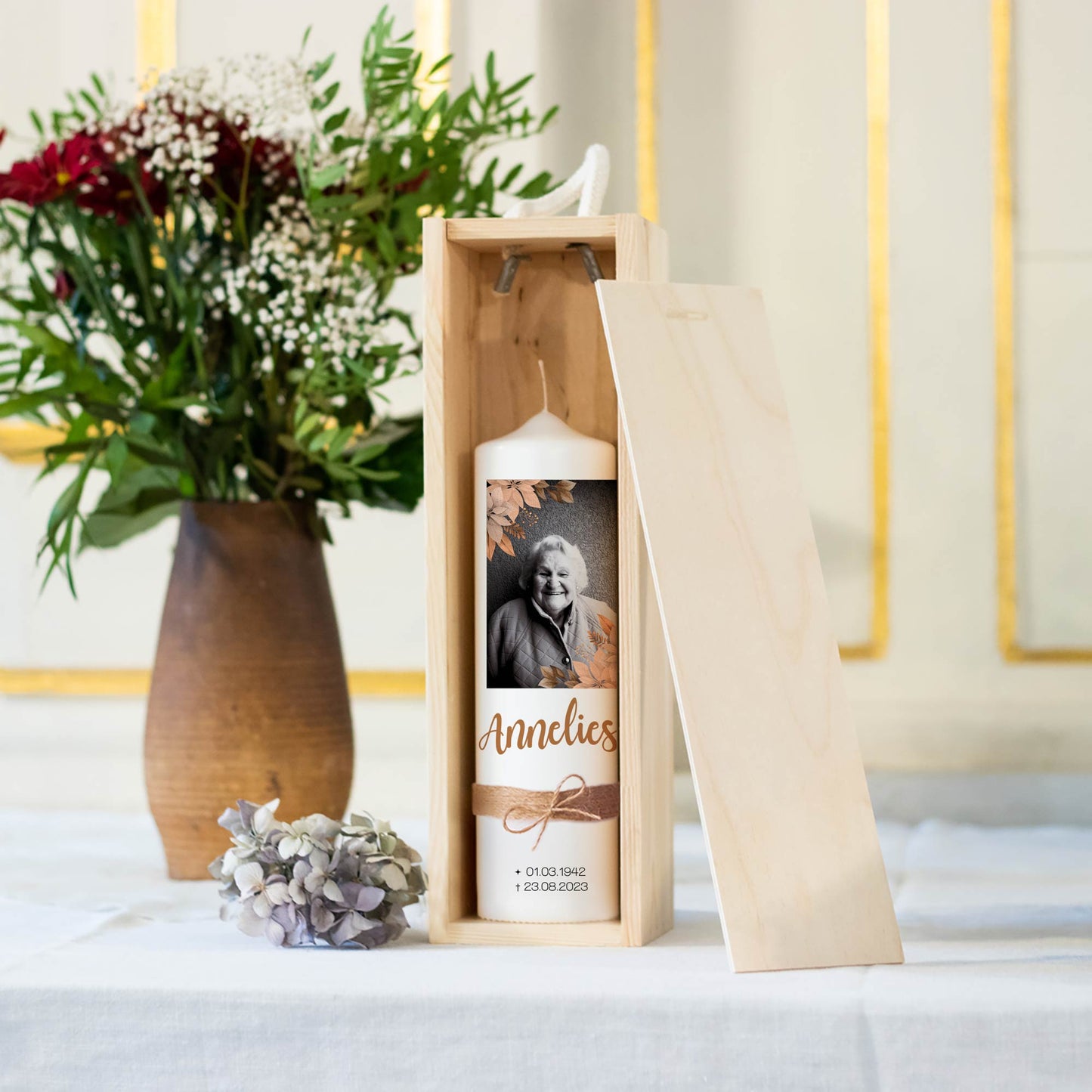 Trauerkerze mit Foto Gold | 15 - 30 cm Höhe | Personalisierte Kerze | Gedenkkerze | Erinnerungsstück | Trauerfeier