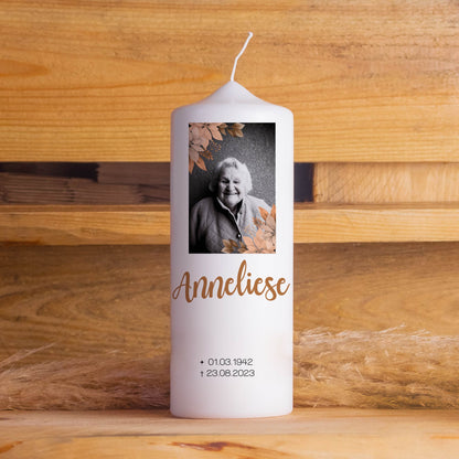 Trauerkerze mit Foto Gold | 15 - 30 cm Höhe | Personalisierte Kerze | Gedenkkerze | Erinnerungsstück | Trauerfeier