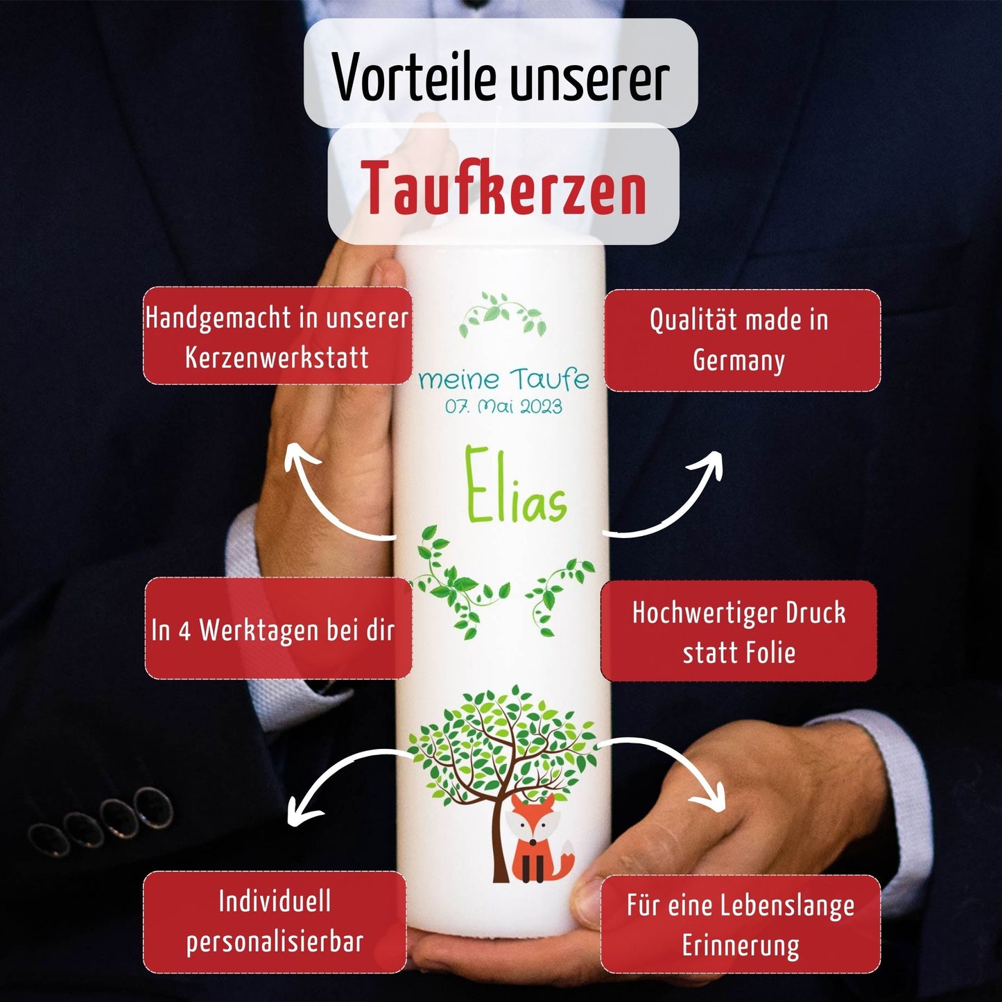 Taufkerze | Baum und Fuchs | 15-30 cm Höhe | Personalisiert