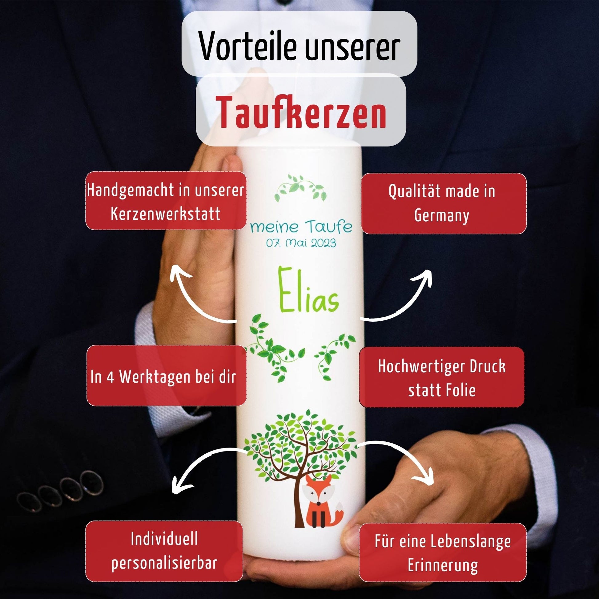 Taufkerze | Baum und Fuchs | 15-30 cm Höhe | Personalisiert