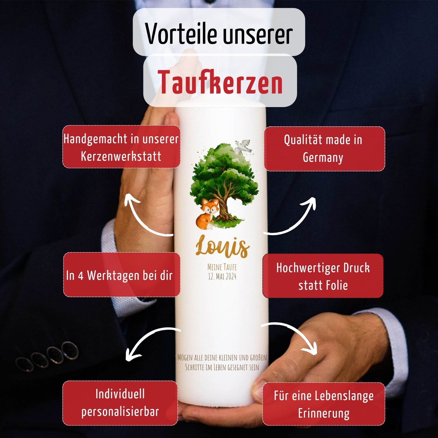 Taufkerze Lebensbaum mit Fuchs | 15 - 30 cm Höhe | Personalisierte Kerze | Evangelisch | Katholisch | Kerze für Täufling